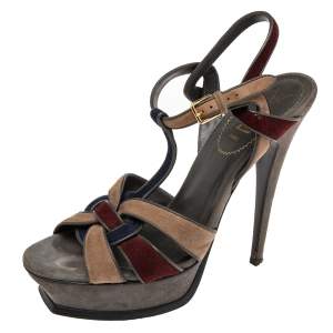 مملوكة مسبقًا صندل سان لوران تريبوت سويدي متعدد الألوان نعل سميك مقاس 39