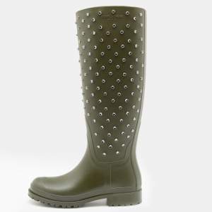 Pre Owned Saint Laurent Dark Khaki Rubber Crystal Studded Festival Rain Boots Size 36