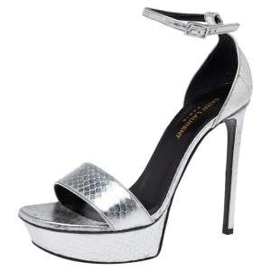 مملوكة مسبقًا Saint Laurent Silver Snakeskin Embossed Leather Platform Ankle Strap Sandals Size 38.5