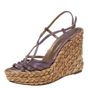 Pre Owned Saint Laurent Metallic Gold/Violet Leather And Satin Espadrille Wedge Sandals Size 39