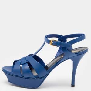 Pre Owned Saint Laurent Blue Leather Tribute Platform Sandals Size 38