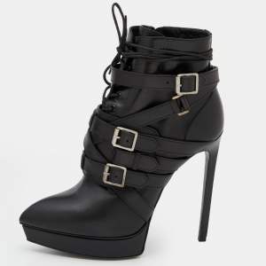 Pre Owned Saint Laurent Black Leather Janis Platform Ankle Boots Size 38.5