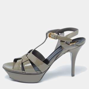 Pre Owned Saint Laurent Cement Grey Patent Leather Tribute Sandals Size 40