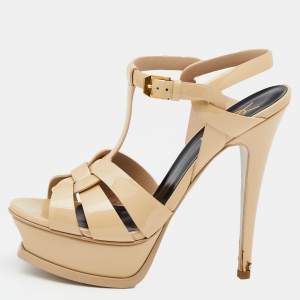 Pre Owned Saint Laurent Cream Patent Leather Tribute Platform Ankle Strap Sandals Size 36