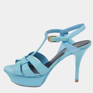Saint Laurent Blue Patent Leather Tribute Platform Sandals Size 37.5