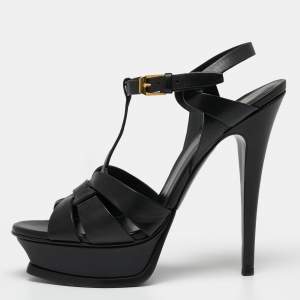 Pre Owned Saint Laurent Black Leather Tribute Platform Sandals Size 38