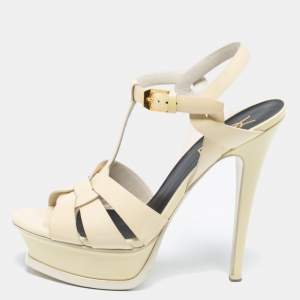 مملوكة مسبقًا صندل سان لوران تريبوت جلد كريمي لامع مقاس 36