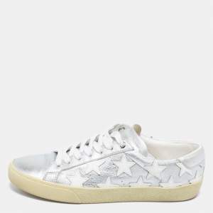 Pre Owned Saint Laurent White/Silver Leather Star Alpha Low-Top Sneakers Size 38 