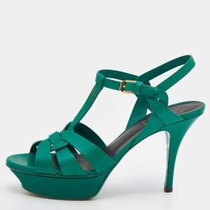 مملوكة مسبقًا صندل سان لوران تريبيوت جلد أخضر بنعل سميك مقاس 37.5