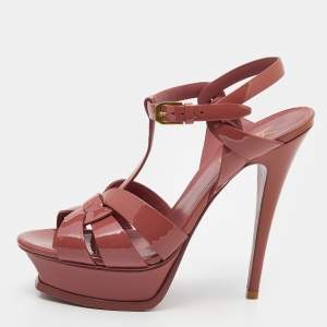 Pre Owned Saint Laurent Nude Patent Leather Tribute Sandals Size 37.5