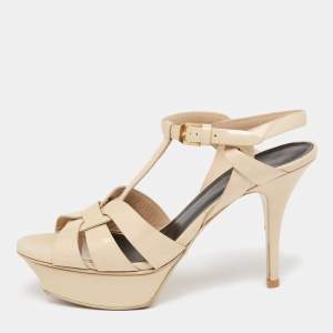 Pre Owned صندل سان لوران تريبيوت جلد بيج لامع مقاس 36.5