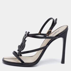 Pre Owned Saint Laurent Black Patent Leather And Canvas Logo Slingback  Sandals Size 37