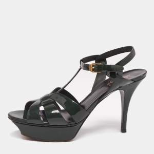 Pre Owned Saint Laurent Green Patent Leather Tribute Platform Ankle Strap Sandals Size 40