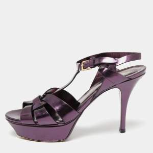 Saint Laurent Metallic Purple Leather Tribute Platform  Sandals Size 38