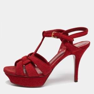 Pre Owned Saint Laurent Red Glitter And Suede Tribute Platform Pumps Size 38