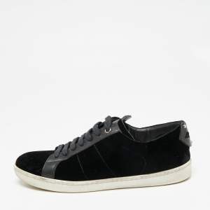 Pre Owned Saint Laurent Black Velvet And Leather Signature Court Lips Low Top Sneakers Size 38