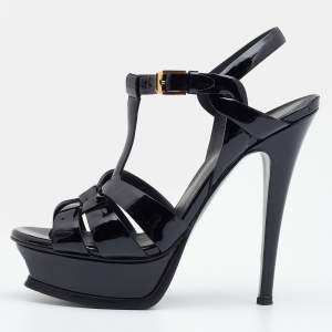 مملوكة مسبقًا Saint Laurent Black Patent Leather Tribute Ankle Strap Platform Sandals Size 35.5
