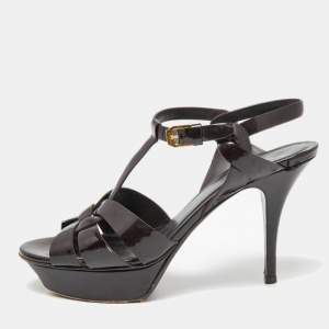 Saint Laurent Dark Brown Patent Leather Tribute Ankle Strap Sandals Size 38.5