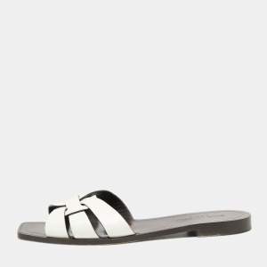 Pre Owned Saint Laurent White Leather Tribute Flat Slides Size 39.5