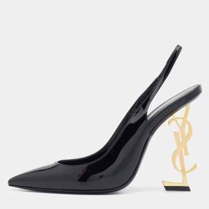 Pre Owned صندل سان لوران اوبيوم جلد لامع أسود فتحة كعب مقاس 39.5