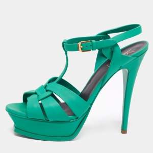 Saint Laurent Green Leather Tribute Platform Sandals Size 39.5