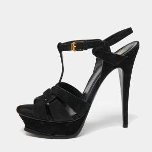 Pre Owned Saint Laurent Black Suede Tribute Platform Sandals Size 40.5