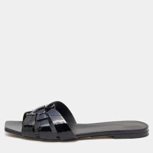 Pre Owned Saint Laurent Black Patent Leather Tribute Slide Sandals Size 39.5