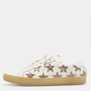 Pre Owned Saint Laurent White Leather Star Embellished Low Top  Sneakers Size 40