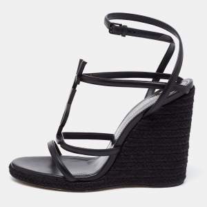 Pre Owned صندل سان لوران كاساندرا إسبادريل جلد أسود كعب روكي مقاس 38