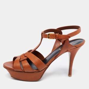 Pre Owned Saint Laurent Brown Leather Tribute Platform Sandals Size 37.5