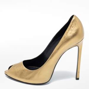 Saint Laurent Metallic Gold Leather Peep Toe Pumps Size 38.5 