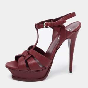 مملوكة مسبقًا صندل سان لوران تريبوت جلد عنابي مقاس 39