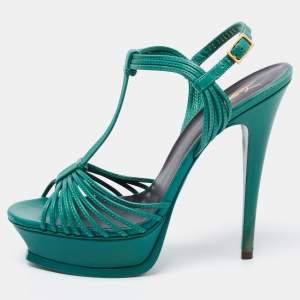Saint Laurent Green Leather Strappy Platform Sandals Size 39