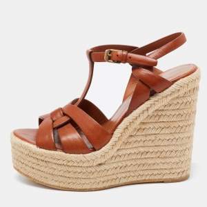 Pre Owned صندل سان لوران إسبادريل تريبيوت جلد بني نعل روكي مقاس 37.5