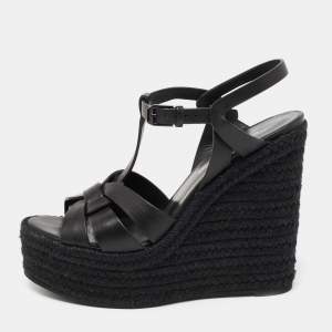 Pre Owned Saint Laurent Black Leather Tribute Wedge Espadrille Sandals Size 37.5