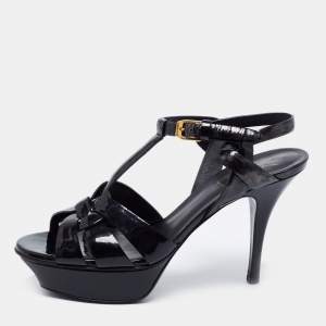 مملوكة مسبقًا Saint Laurent Black Patent Leather Tribute Ankle Strap Platform Sandals Size 37