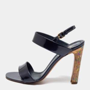 Saint Laurent Navy Blue Patent Leather Slingback Sandals Size 37