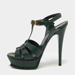 Saint Laurent Green Leather Tribute Platform Ankle Strap Sandals Size 36