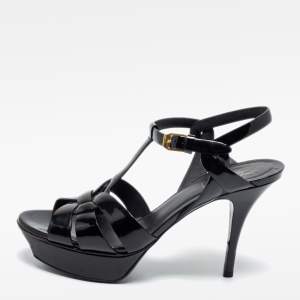 Saint Laurent Black Patent Leather Tribute Sandals Size 39