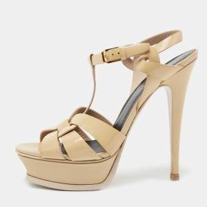 مملوكة مسبقًا Saint Laurent Beige Patent Leather Tribute Platform Sandals Size 37
