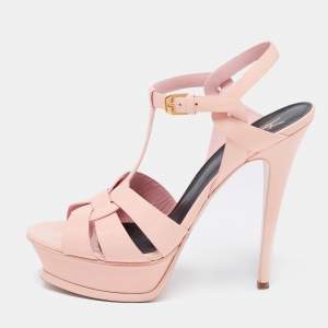 Saint Laurent Light Peach Pink Patent Leather Tribute Platform Sandals Size 39.5