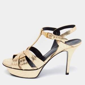 مملوكة مسبقًا Saint Laurent Golden Lizard Embossed Leather Tribute Platform Sandals Size 37.5