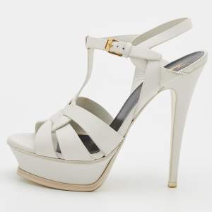Pre Owned Saint Laurent Paris White Leather Tribute Platform Sandals Size 37