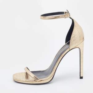 Pre Owned Saint Laurent Metallic Gold Lizard Embossed Leather Amber Ankle Strap Sandals Size 36