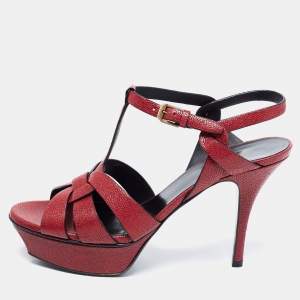 Saint Laurent Burgundy Leather Tribute Platform Ankle Strap Sandals Size 38