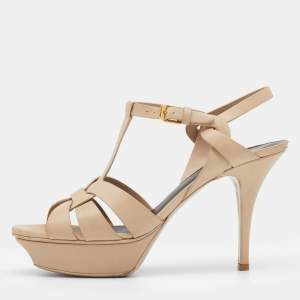 Pre Owned صندل سان لوران تريبيوت جلد بيج فاتح نعل سميك سير كاحل مقاس 39