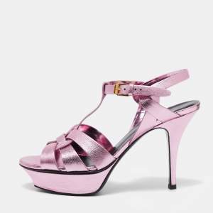 Saint Laurent Metallic Pink Leather Tribute Platform Sandals Size 37