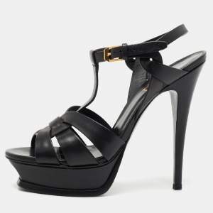 Pre Owned Saint Laurent Black Leather Tribute Platform  Sandals Size 38