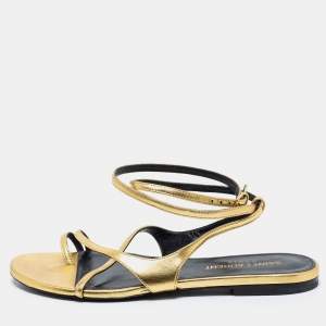 Saint Laurent Gold Leather Strappy Ankle Wrap Flat Sandals Size 35.5