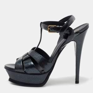 مملوكة مسبقًا Saint Laurent Midnight Blue Textured Patent Leather Tribute Platform Sandals Size 37